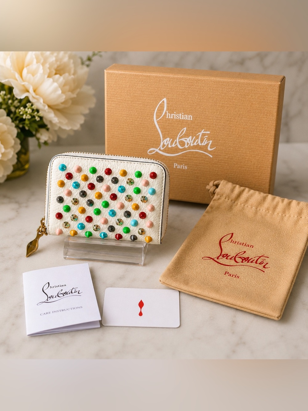 Christian Louboutin Panettone Wallet White Calf Leather with Multicolored Spikes